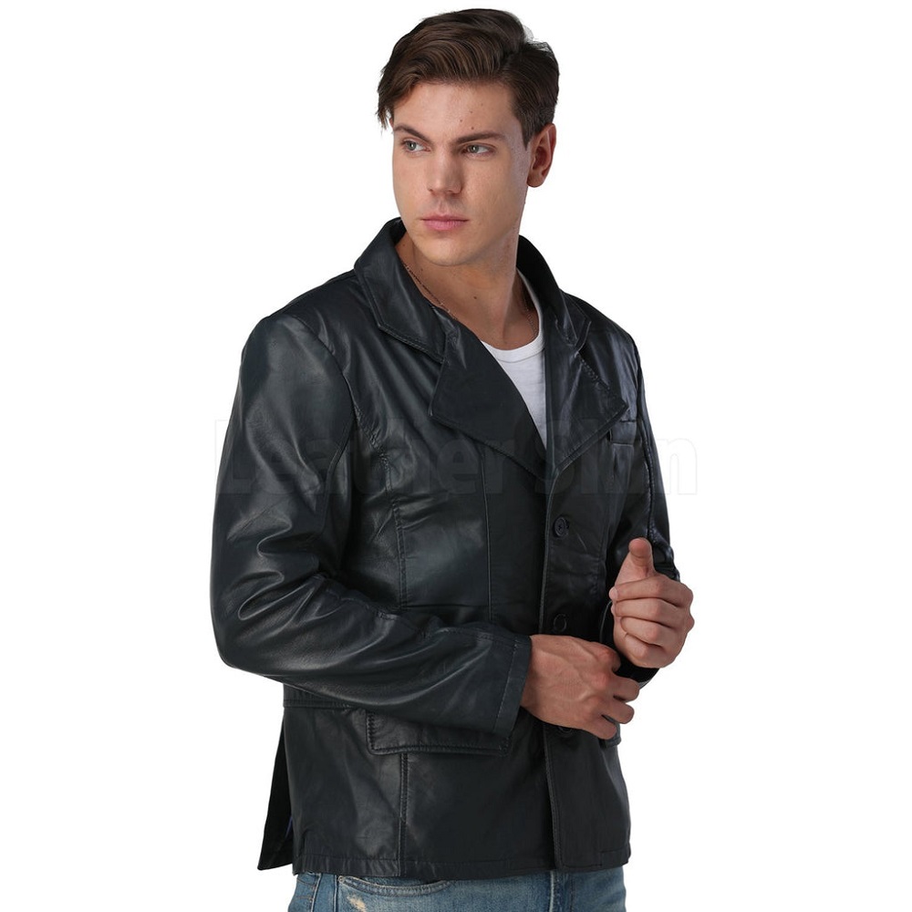 Mens-Navy-Blue-Leather-Blazer
